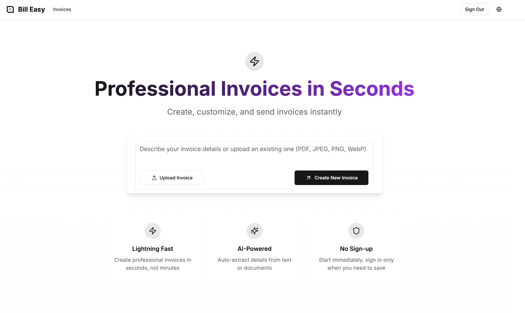Bill Easy - Invoice management system dashboard showing automated document processing features